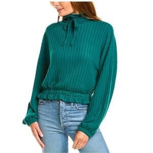CHASER Emerald Green Ribbed Knit Mock Neck Poet Sleeve Sweater Top Cozy NWT Fall